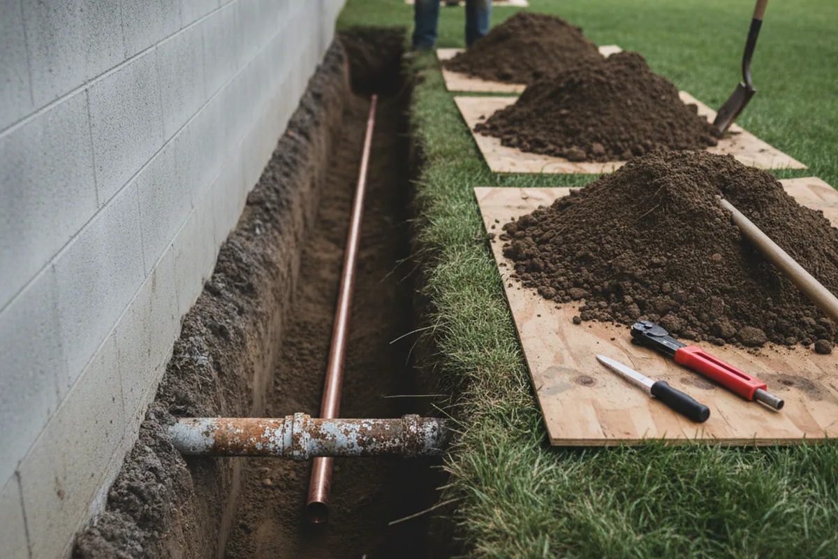 Excavated water line trench during Water Softener Installation in Mc Rae Helena